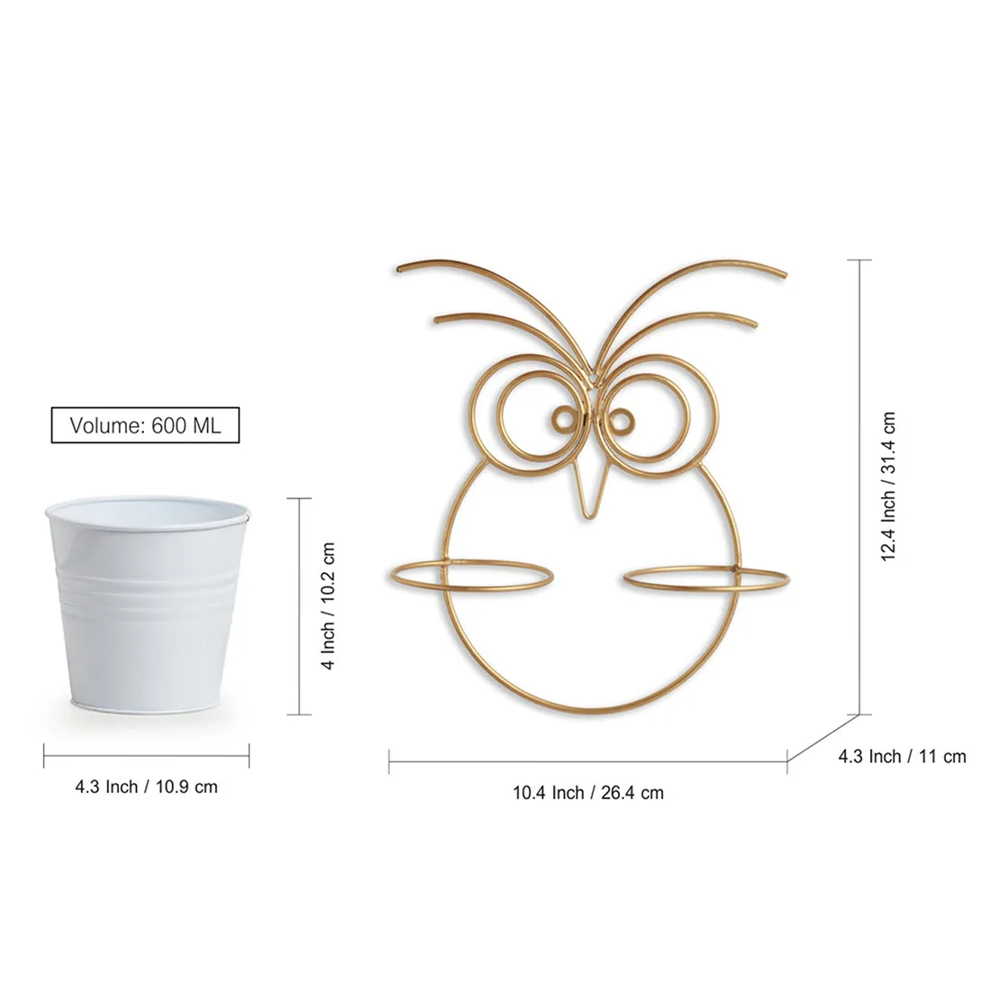 'Owl' Wall Planter Pots In Galvanized Iron (12 Inch, Brass Finish)